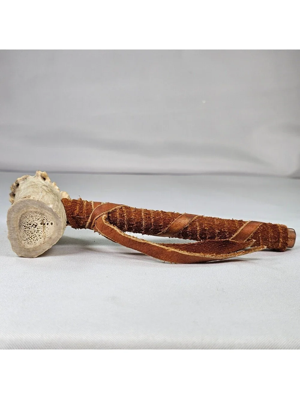 Handmade Antler Peace Pipe Leather Wrapped Stem Copper Tip Rustic 7in New